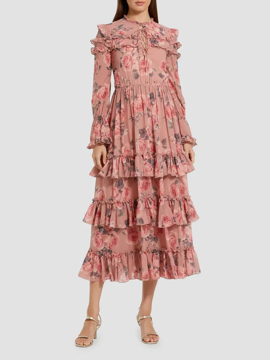 Mac Duggal Rose-Print Tiered Ruffle Midi-Dress by M.A.C.