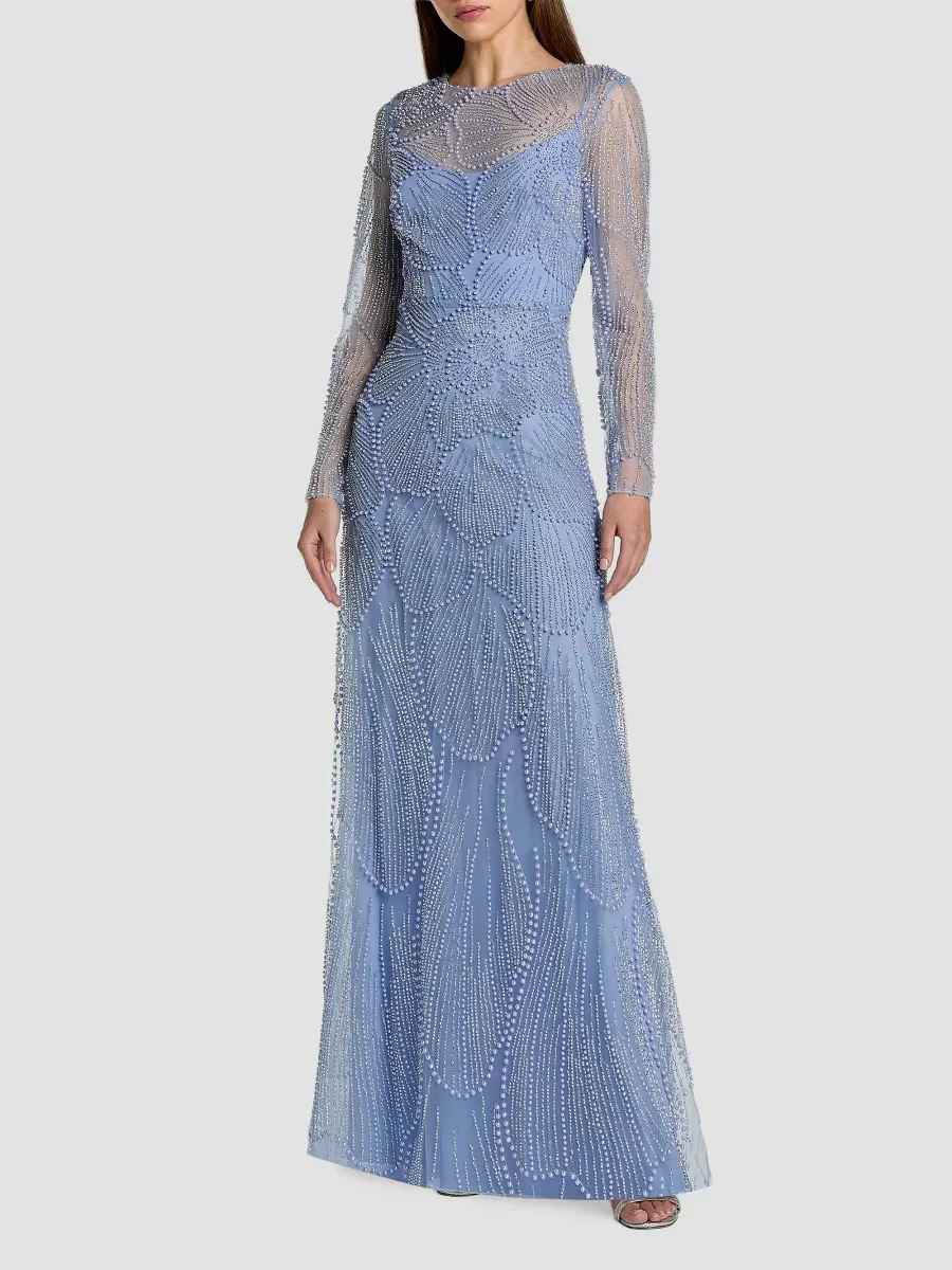 Mac Duggal Beaded Mesh Long-Sleeve A-Line Gown by M.A.C.