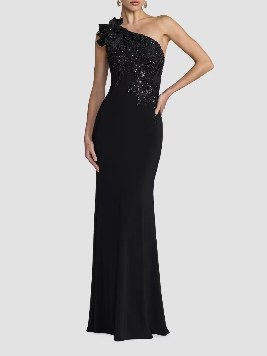 Mac Duggal Flower Sequin One-Shoulder Jersey Gown by M.A.C.