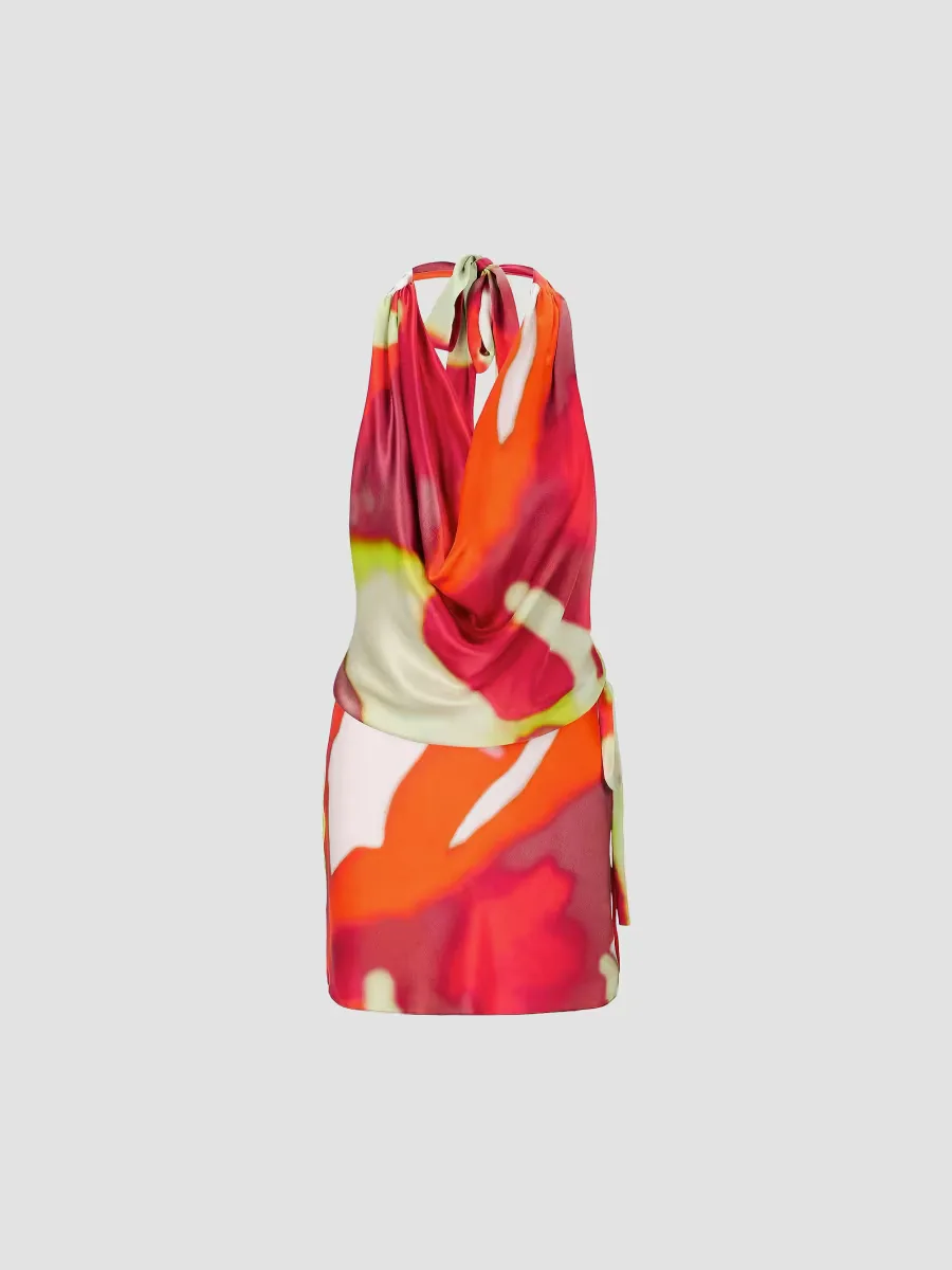 Liora Abstract Silk Halter Minidress by STAUD