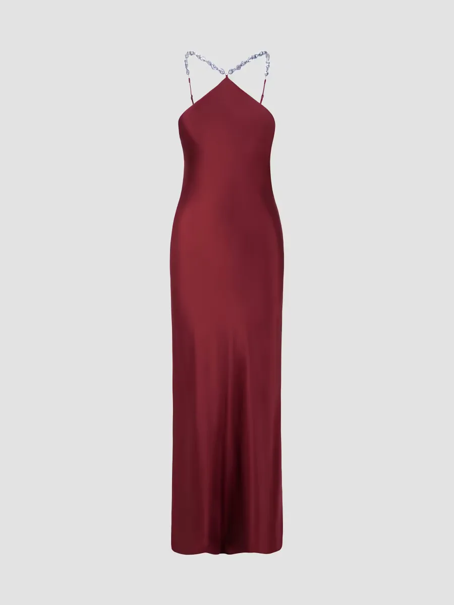 Cadence Embellished-Strap Satin Halter Gown by STAUD