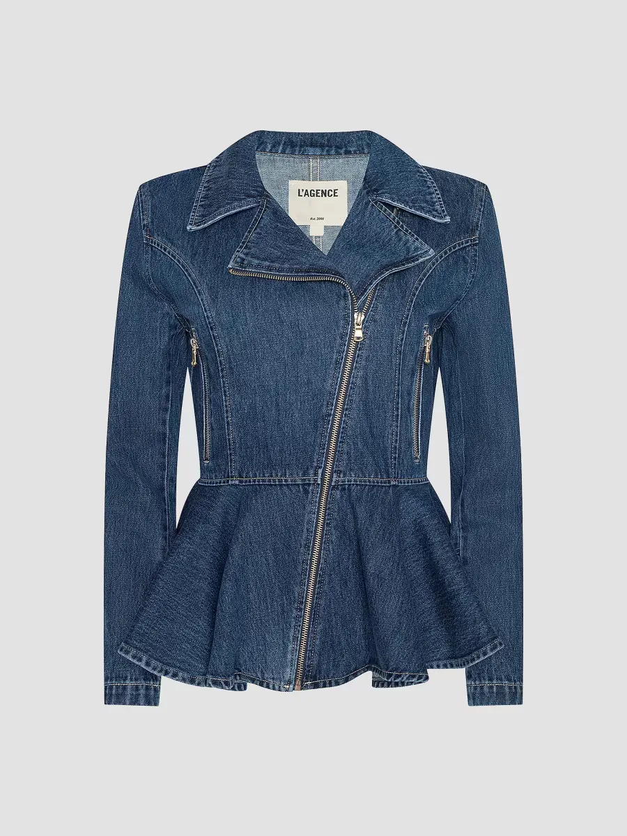 Moxie Peplum Denim Biker Jacket by L'AGENCE