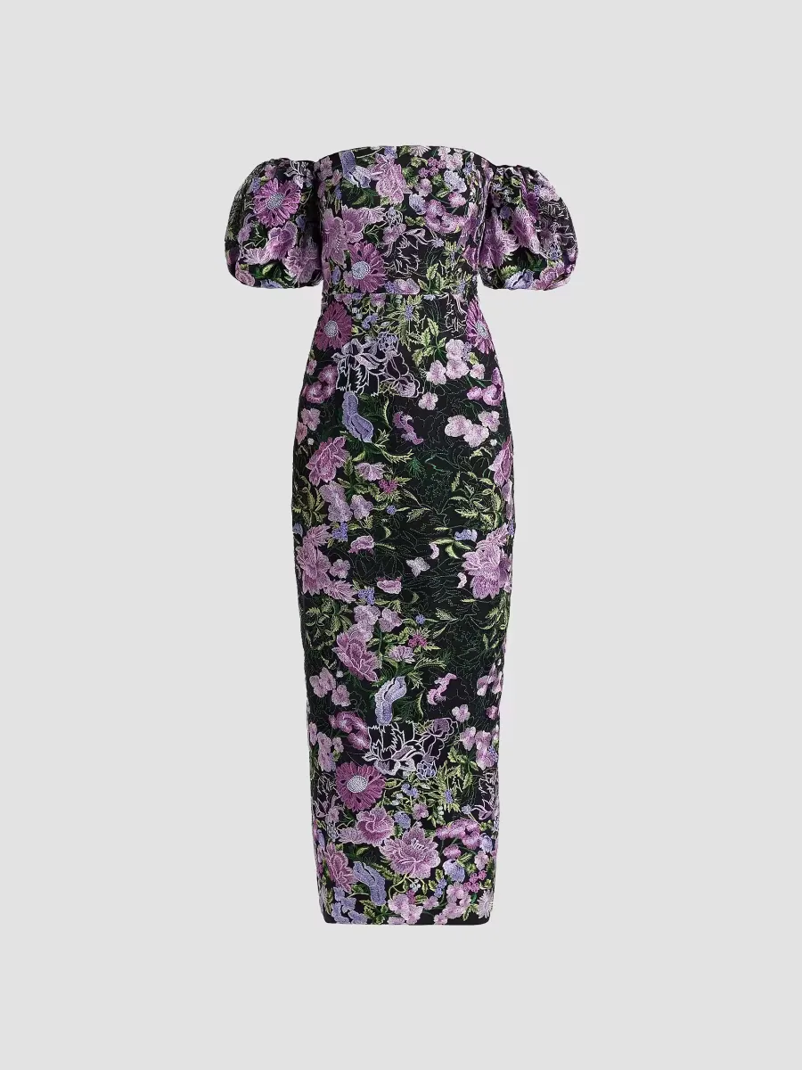 Nene Floral-Embroidered Mesh Off-The-Shoulder Maxi Dress by Milly