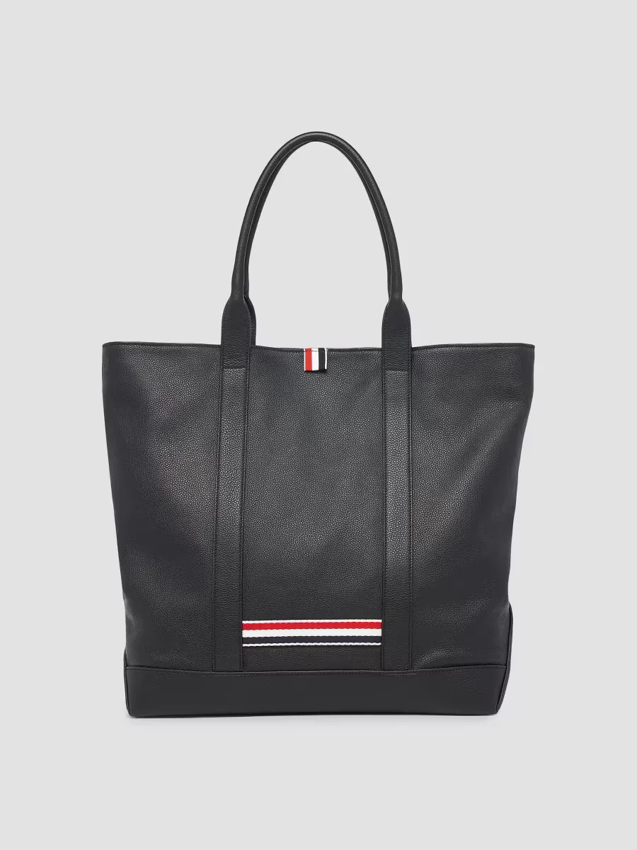 Striped-Detail Pebbled Leather Tote Bag by Thom Browne