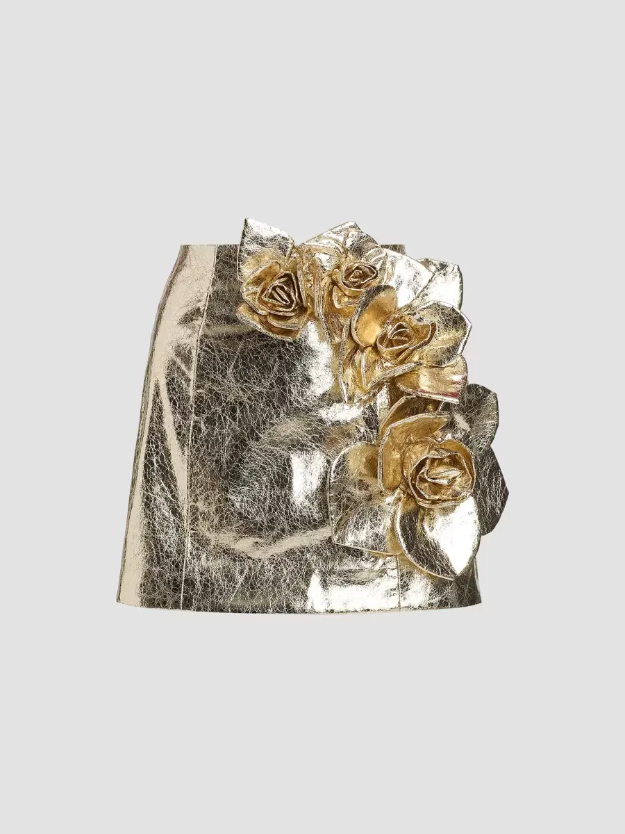 Aksel Rose-Embellished Metallic A-Line Miniskirt by AKNVAS