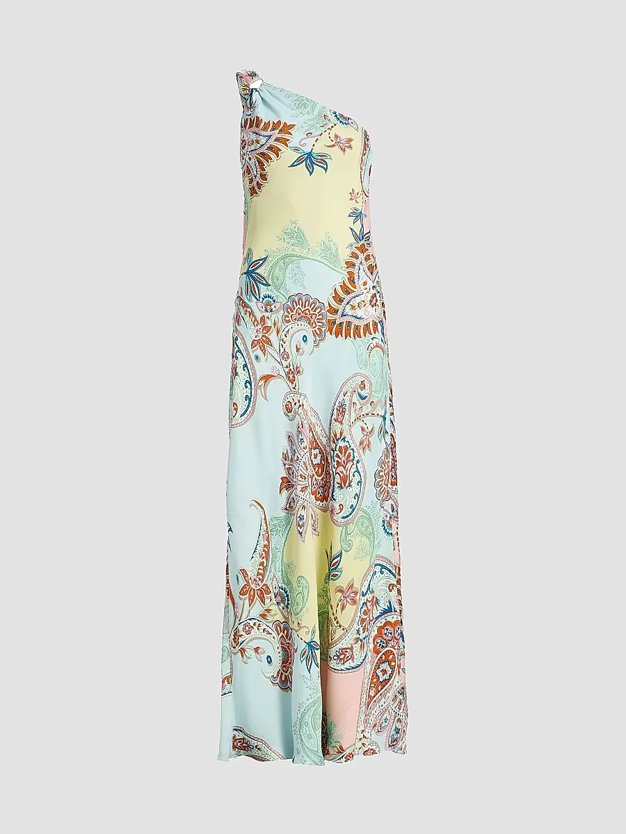 One-Shoulder Sash Paisley Maxi Dress