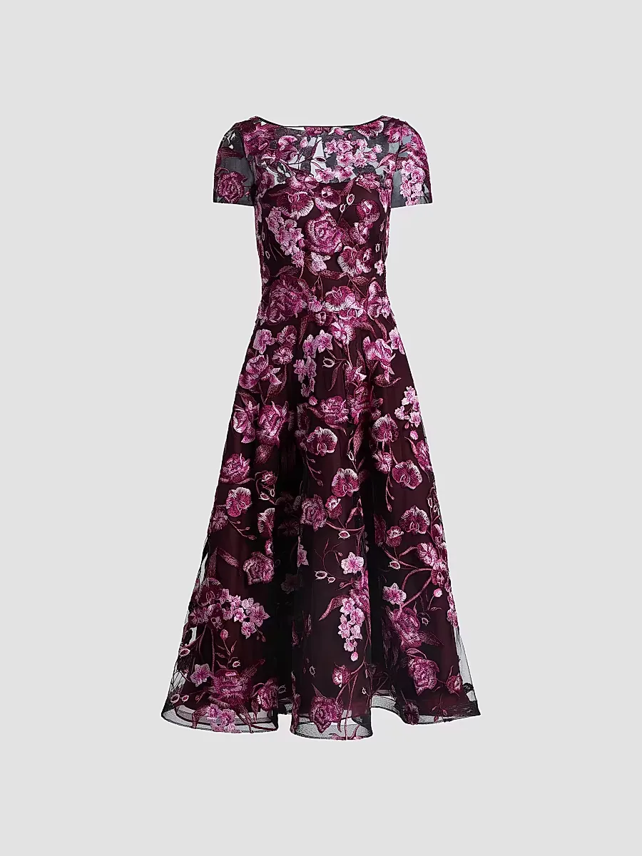 Floral-Embroidered Tea-Length Dress by Naeem Khan
