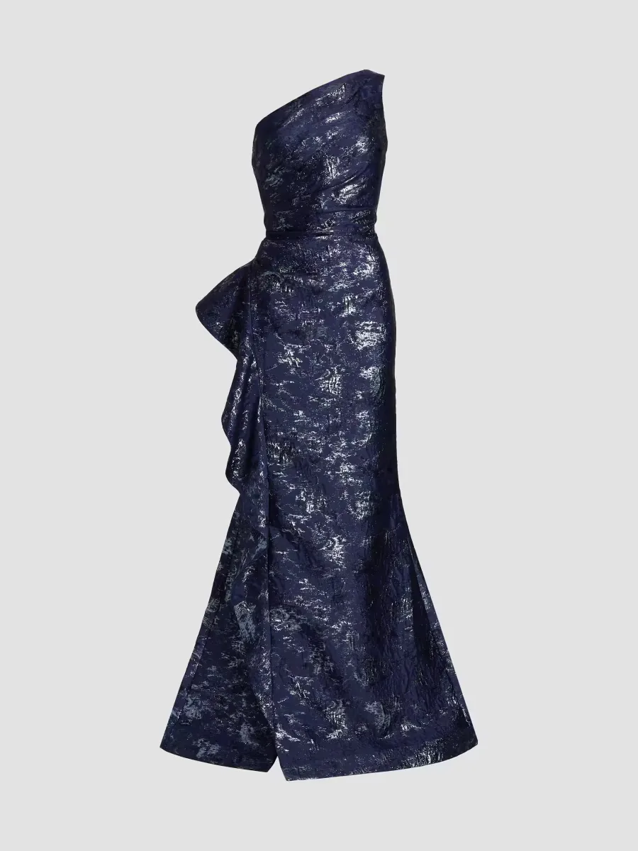 Jacquard One-Shoulder Gown