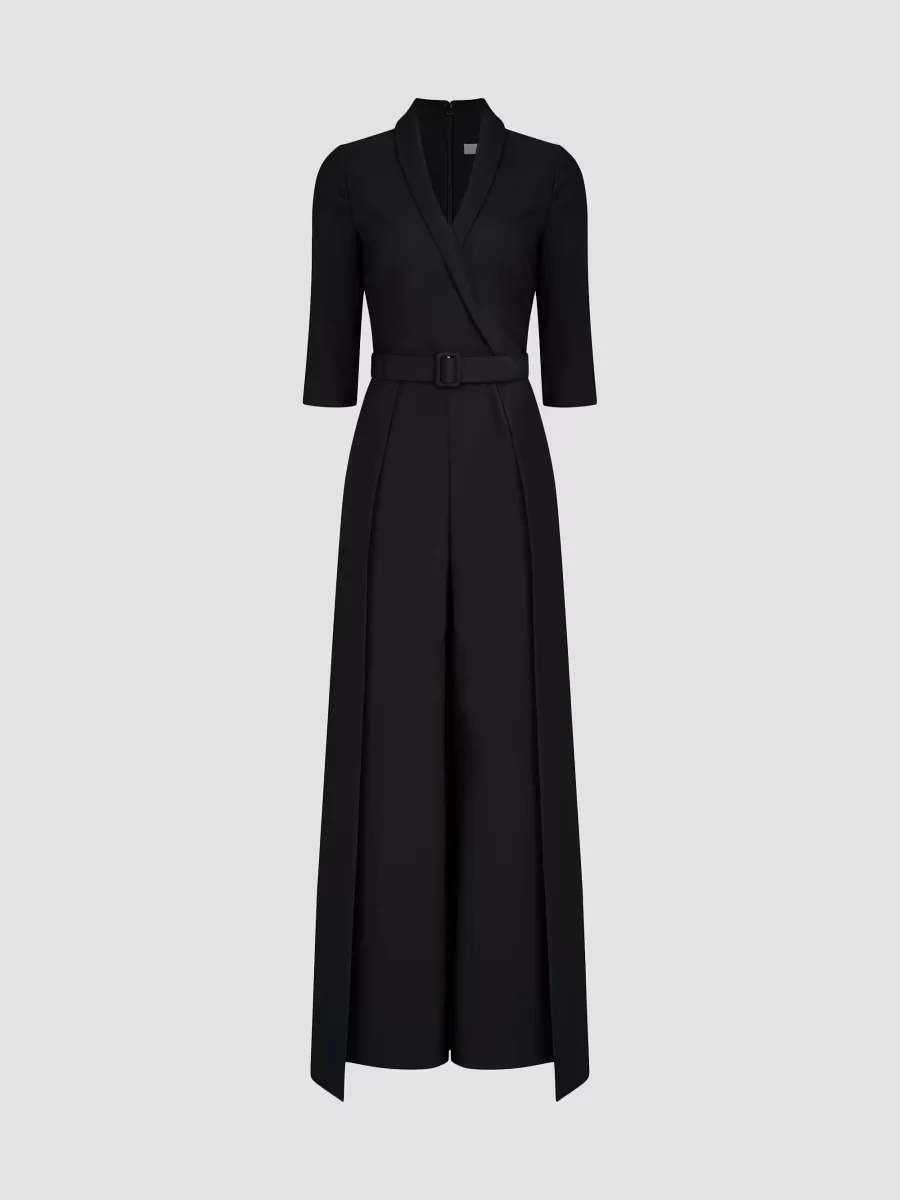 Marta Stretch Crepe Belted Walk-Through Jumpsuit by Kay Unger