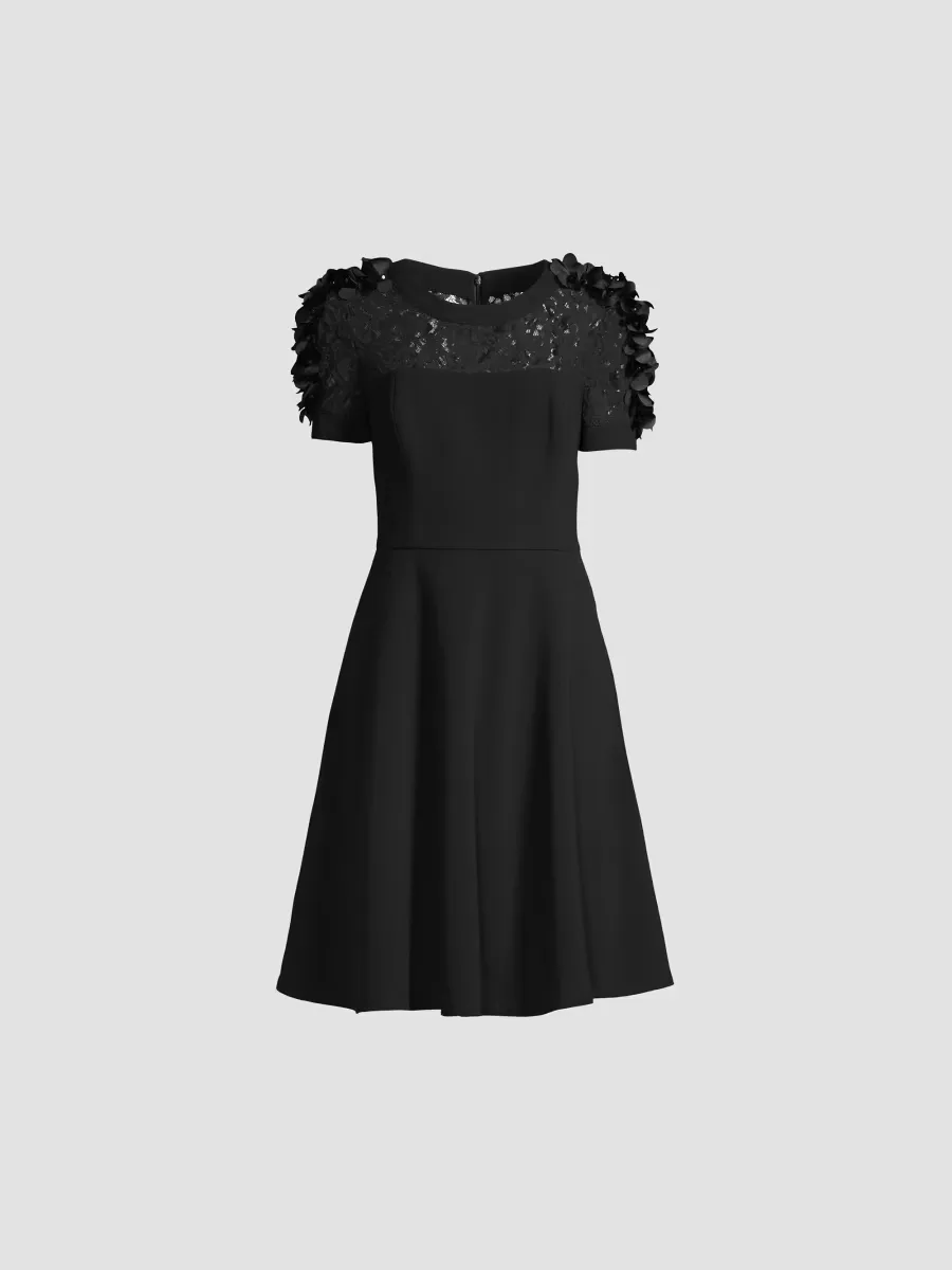 Floral Applique Fit-&-Flare Crepe Dress
