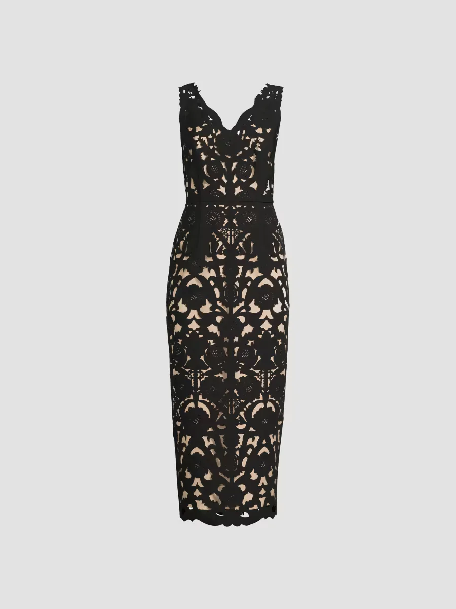 Floral Crepe Laser-Cut Midi Dress