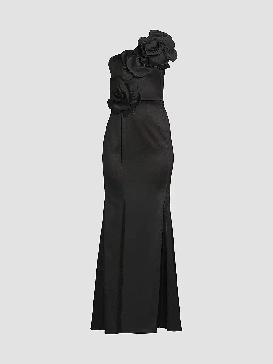 One-Shoulder Floral Appliqué Crepe Gown