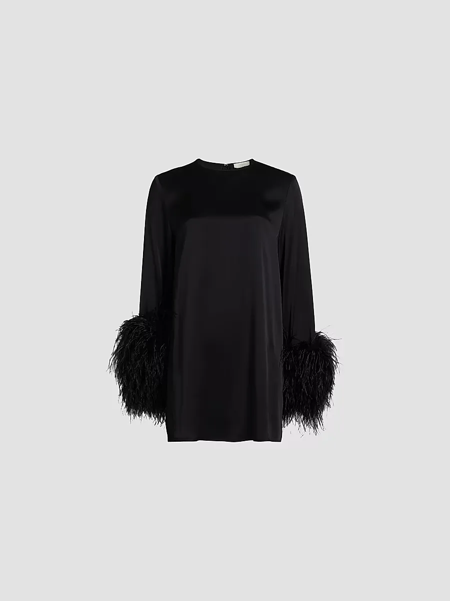 Double-Face Satin Feather-Cuff Minidress by LaPointe