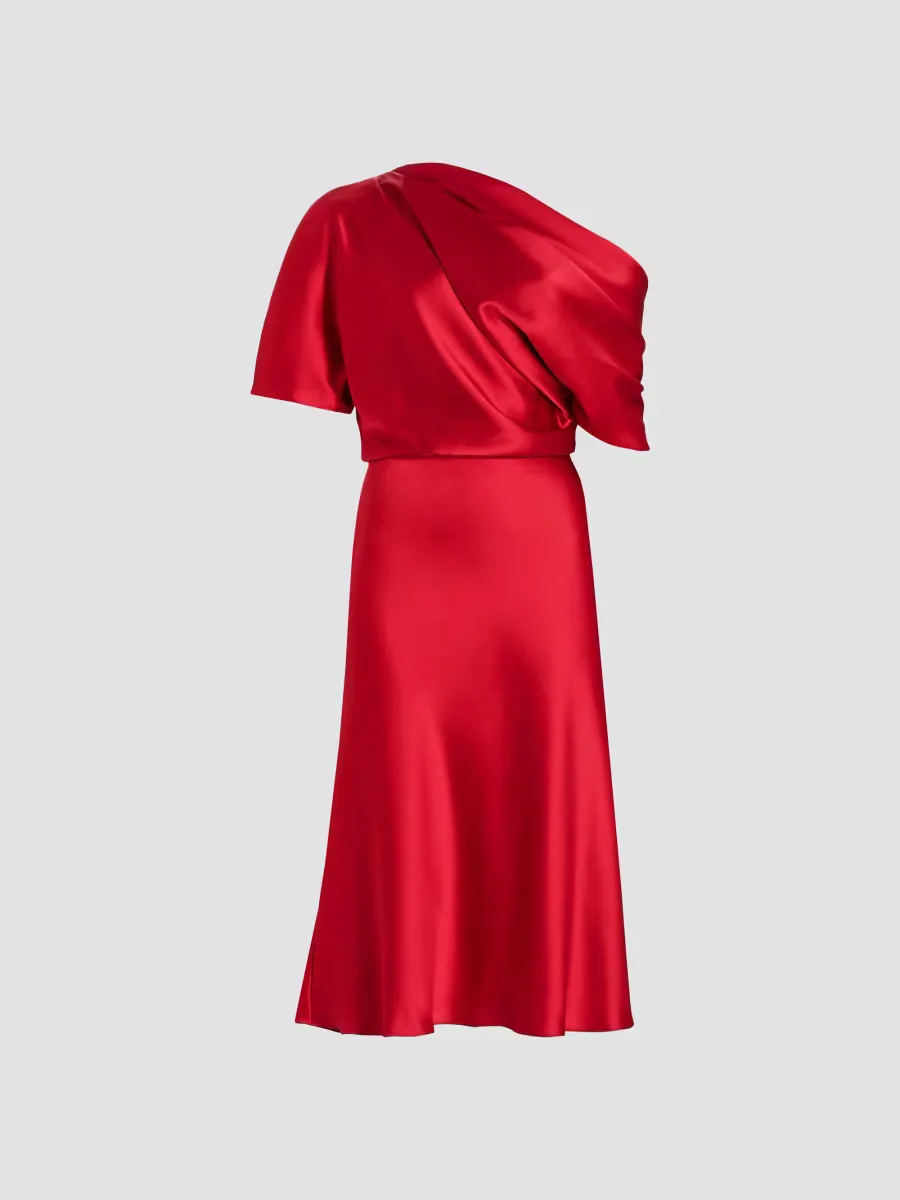 Draped Satin One-Shoulder Midi-Dress