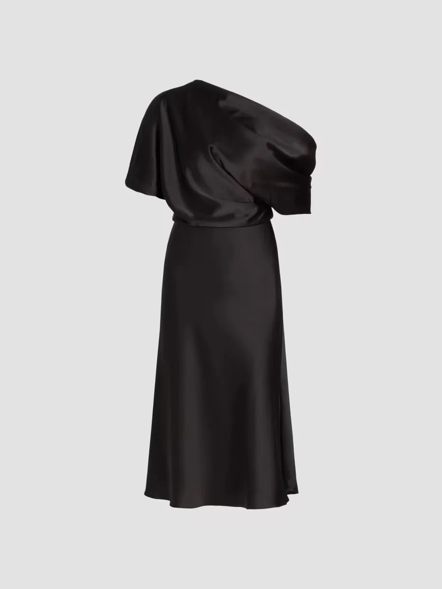 Draped Satin One-Shoulder Midi-Dress