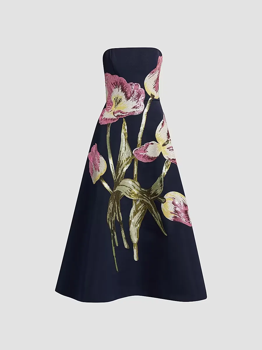 Sequin Floral Strapless Cocktail Dress by Amsale