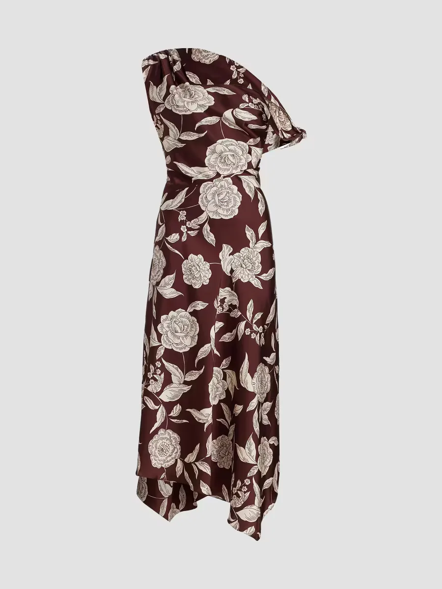 Loretta Floral Satin One-Shoulder Midi-Dress