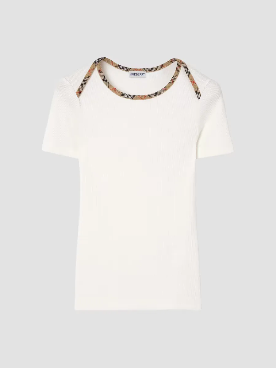 Check Trim Stretch Cotton T-Shirt by Burberry