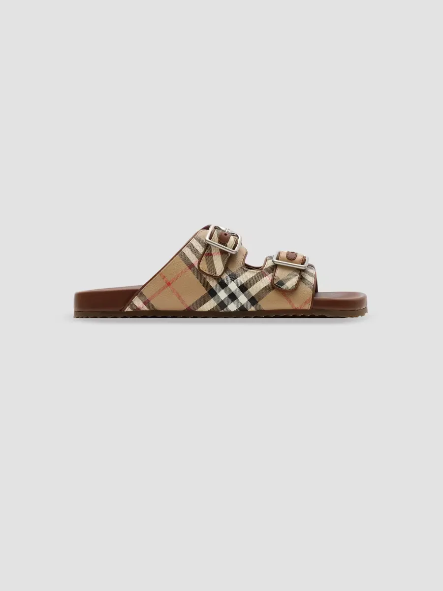 Urchin Check & Leather Slide Sandals by Burberry