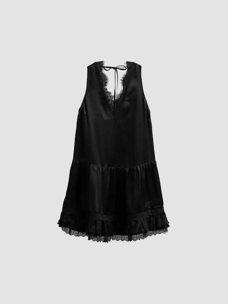 Fluid Satin V-Neck Lace Mini Dress by GANNI