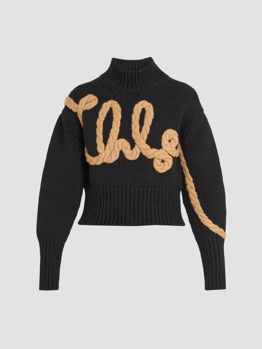 Contrast-Knit Logo Appliqu Wool Sweater by Chloé