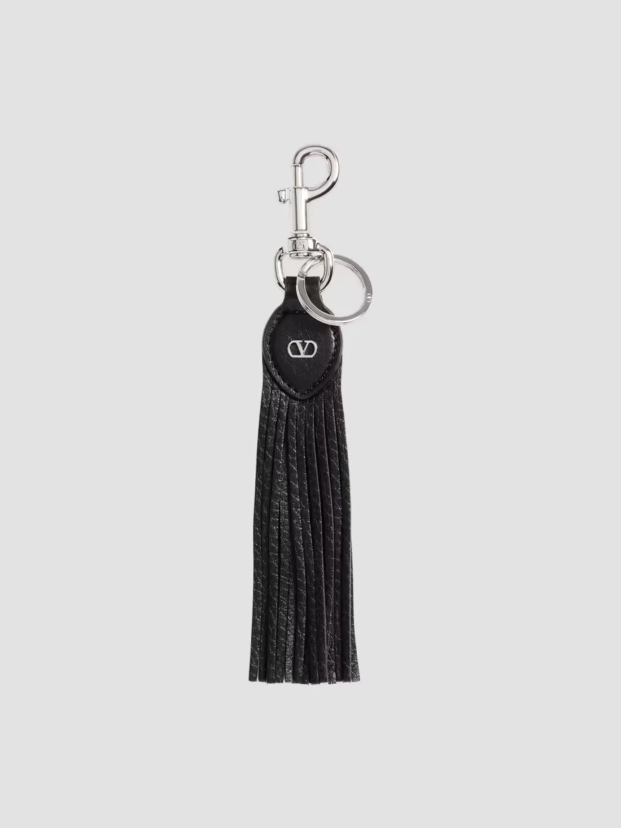 VLogo Signature Key Ring in Grainy Calfskin and Metal by Valentino