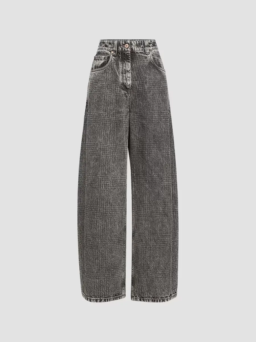 Prince of Wales Denim Wide Trousers with Monili by Brunello Cucinelli