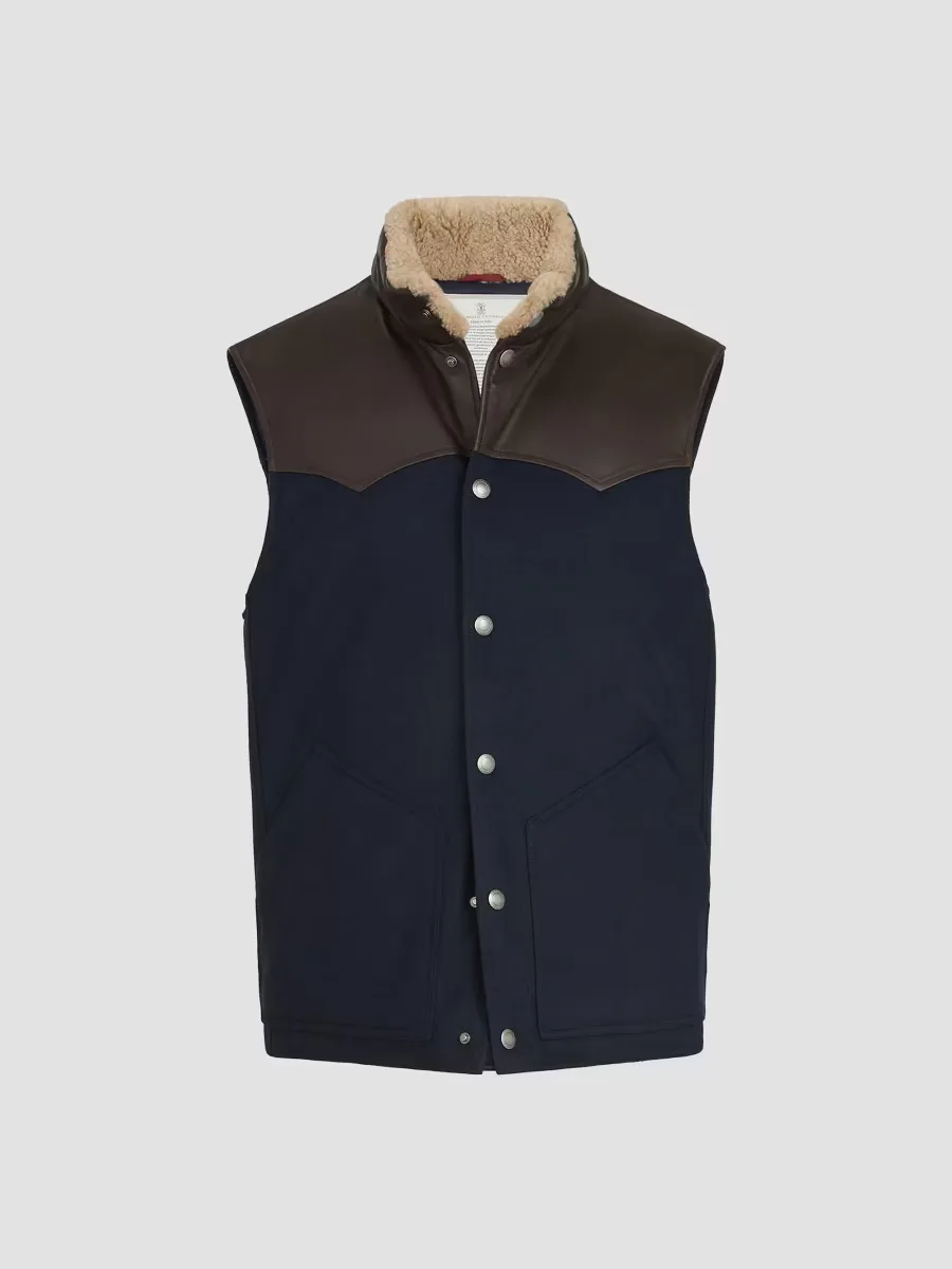 Bonded Wool Down Vest with Shearling Collar and Nappa Leather Inserts