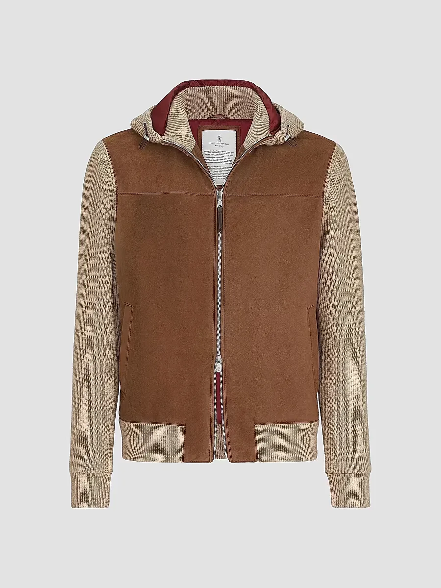 Suede and Cashmere Knit Hooded Bomber Jacket by Brunello Cucinelli