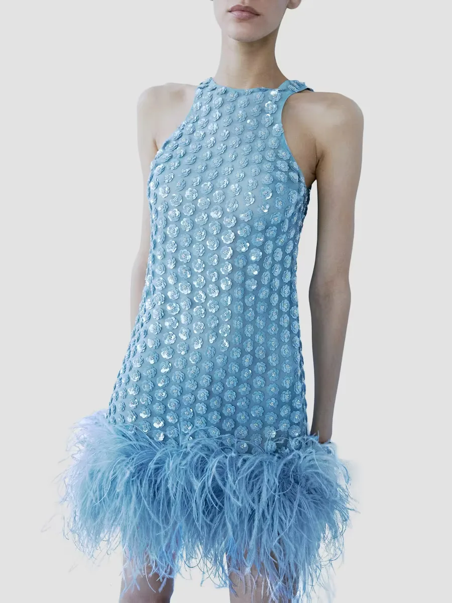 Bixi Sequined Feather-Trim Minidress