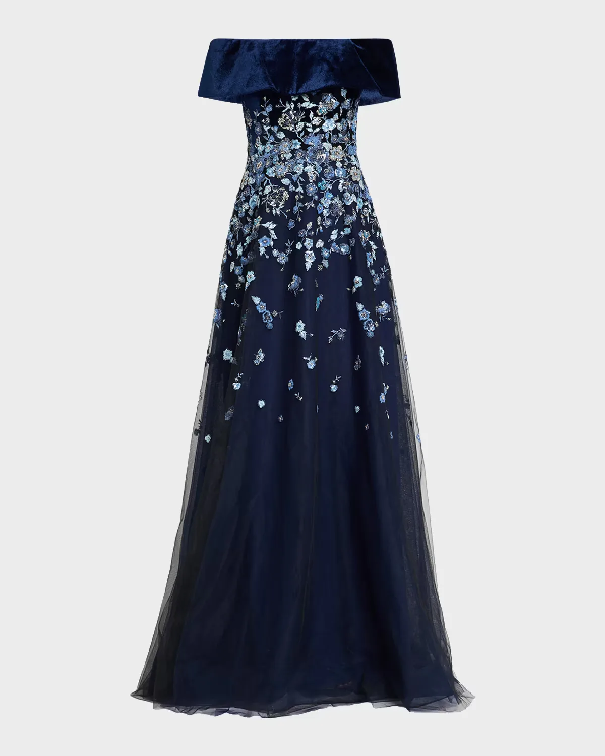 Velvet & Floral-Embroidered Tulle Off-The-Shoulder Gown