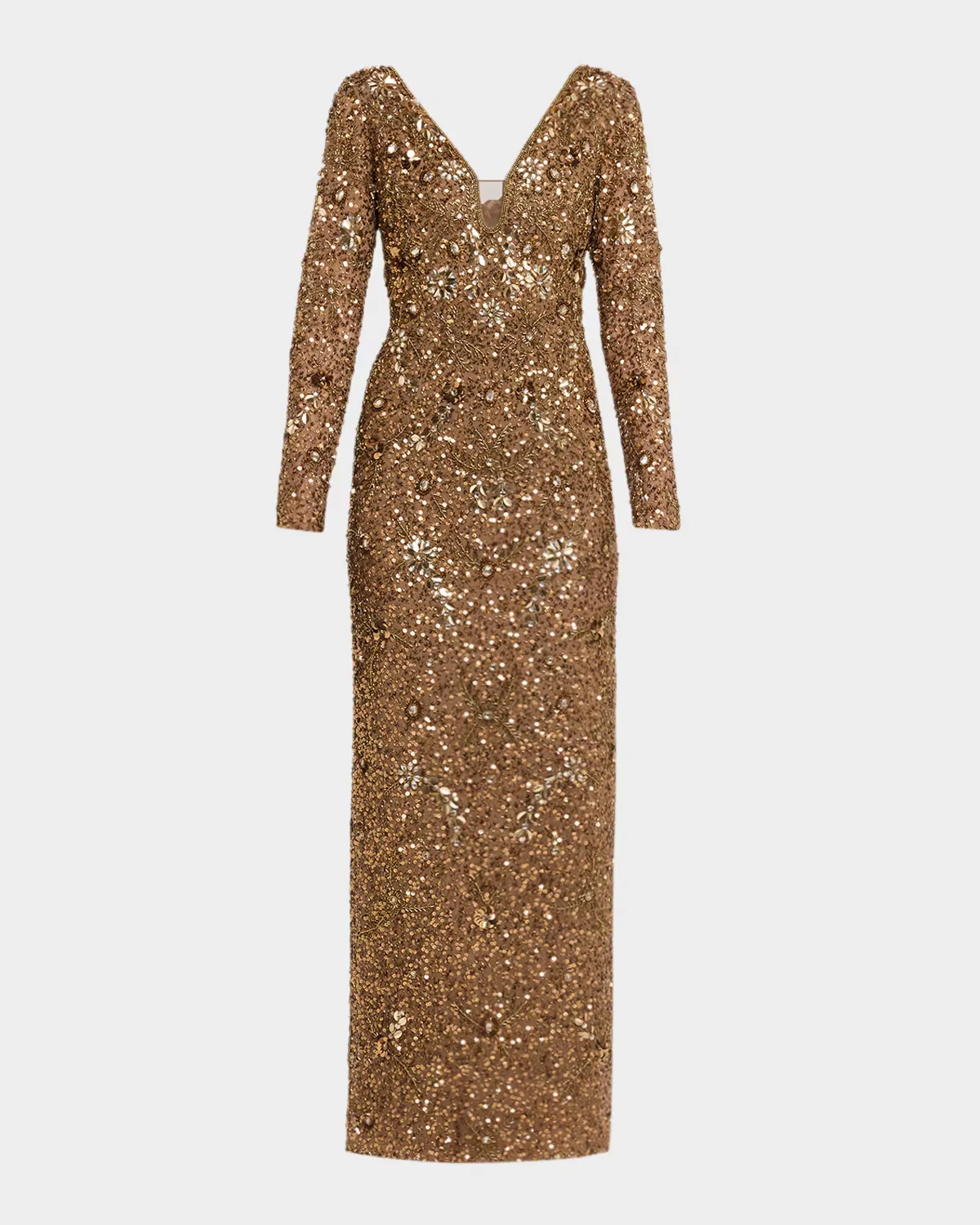 Beaded Mesh-Inset Column Gown by Aidan Mattox