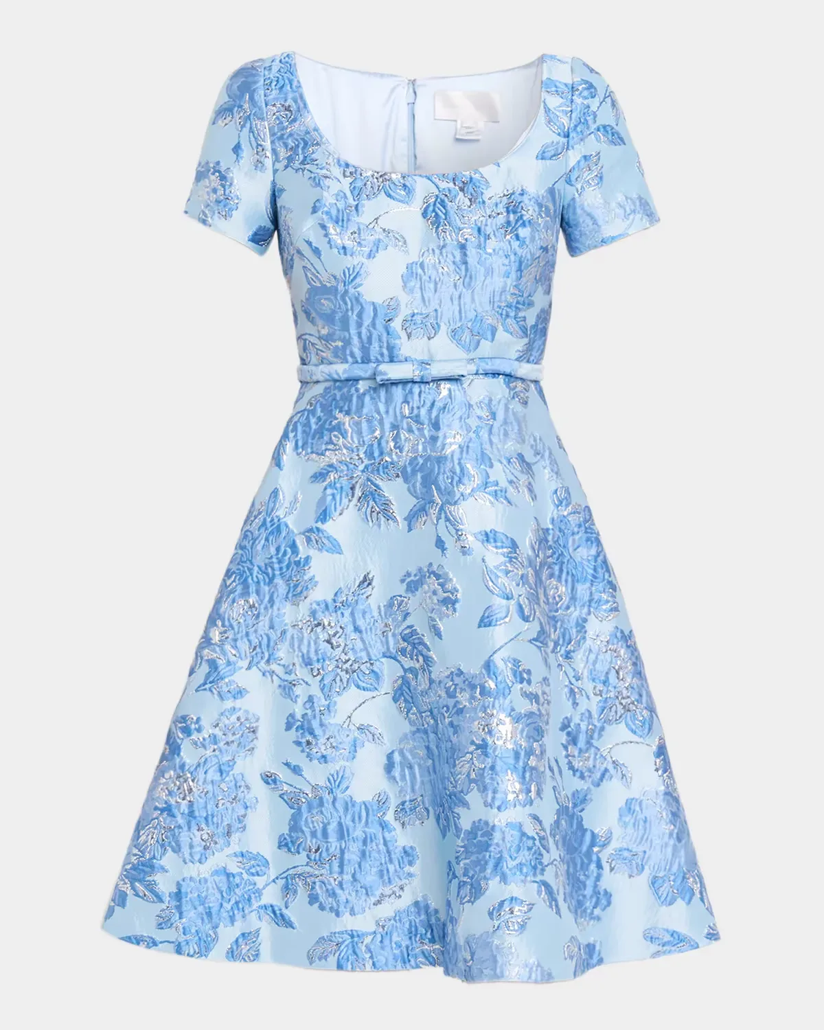 Metallic Floral Jacquard Short-Sleeve A-Line Dress by Pamella Roland