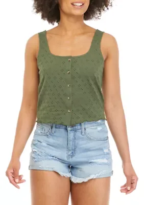 Button Cropped Eyelet Tank Top by True Craft