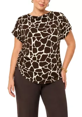 Giraffe Print Cowl Neck Rolled Sleeve Side Ruched by Coin1804