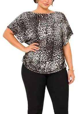 Leopard Print Boatneck Batwing Sleeve Side Ruched by Coin1804