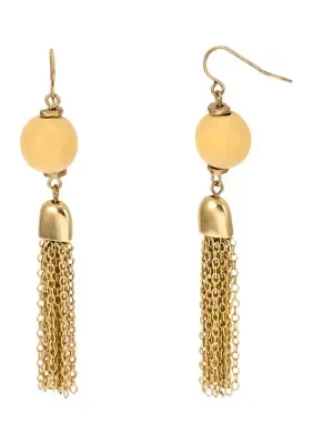 Gold Tone Ivy Wood Bead with Chain Tassel Drop Earrings on Fish Hook by Belk