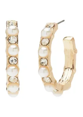 Gold Tone 25 Millimeter C Hoop Pearl and Crystal Earrings by Crown & Ivy