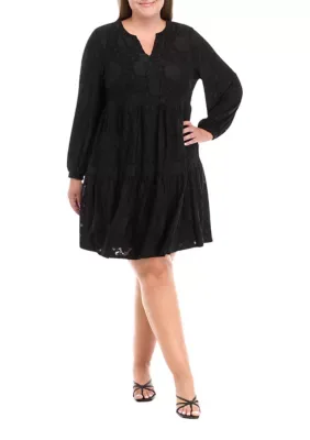 Long Sleeve Solid Burnout Babydoll Dress by Perceptions
