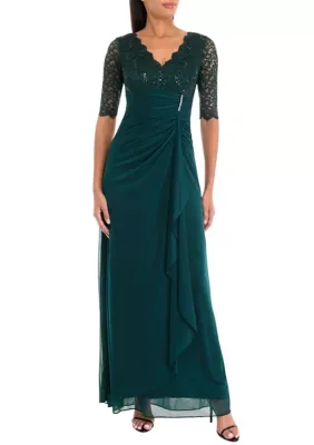 Elbow Sleeve V-Neck Glitter Ruched Gown by Betsy & Adam