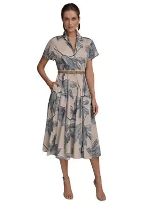 Short Sleeve Belted Floral Shirt Dress by Donna Karan New York