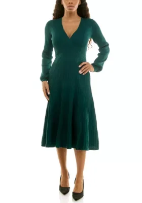 Long Sleeve Fit and Flare Ribbed Sweater Dress by Nina