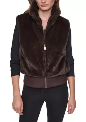 Mock Neck Faux Fur Vest with Pockets and Rib Knit Hem