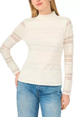Long Sleeve Mock Neck Texture Lace Knit Top