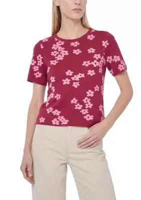 Short Sleeve Floral Crew Neck Sweater by CeCe