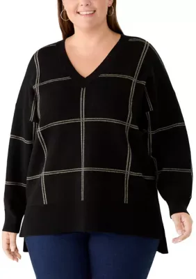 Long Sleeve V-Neck Windowpane Tunic Sweater by Philosophy