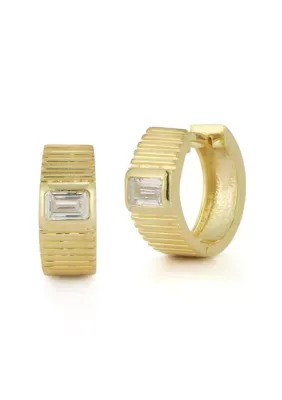 Sterling Silver CZ Ribbed Huggie Hoop Earrings