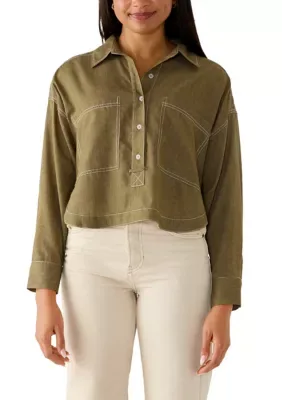 Long Sleeve Contrast Stitch Cropped Button Down Shirt by June & Hudson