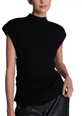 Sleeveless Cap Sleeve Side Ruched Mock Neck Sweater by Kenneth Cole