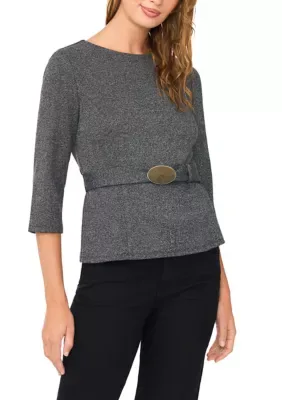 3/4 Sleeve Belted Funnel Neck Knit Top by Vince Camuto